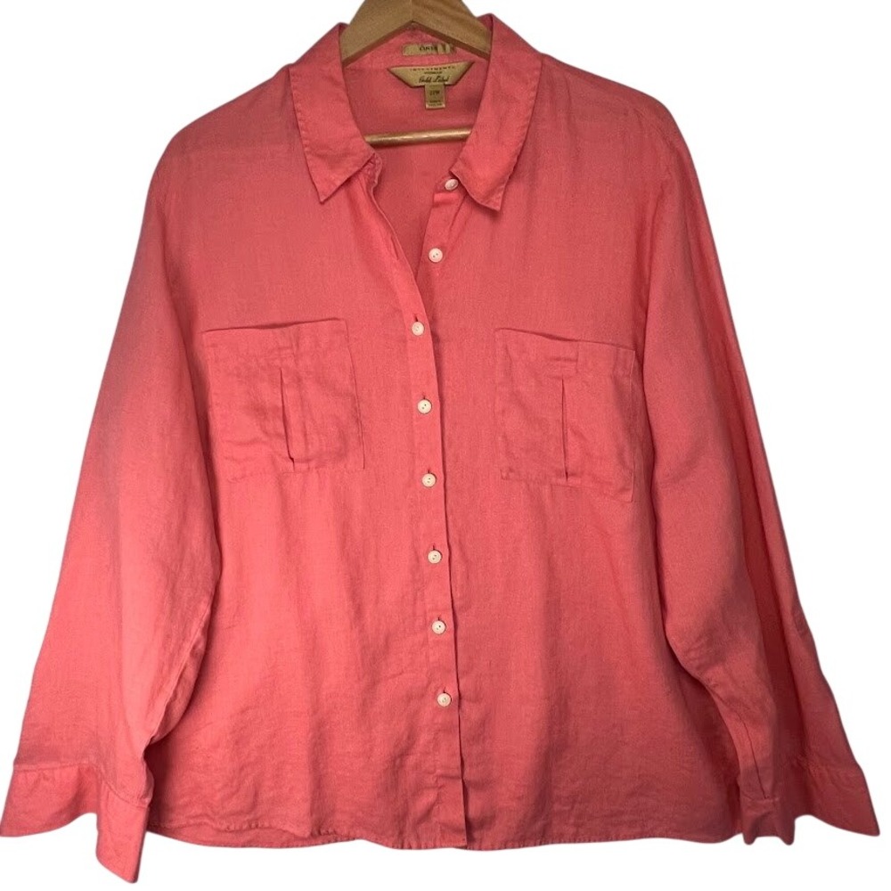 Coastal 100% Linen Button Down Shirt Womens 22W Plus Size Coral Lightweight
